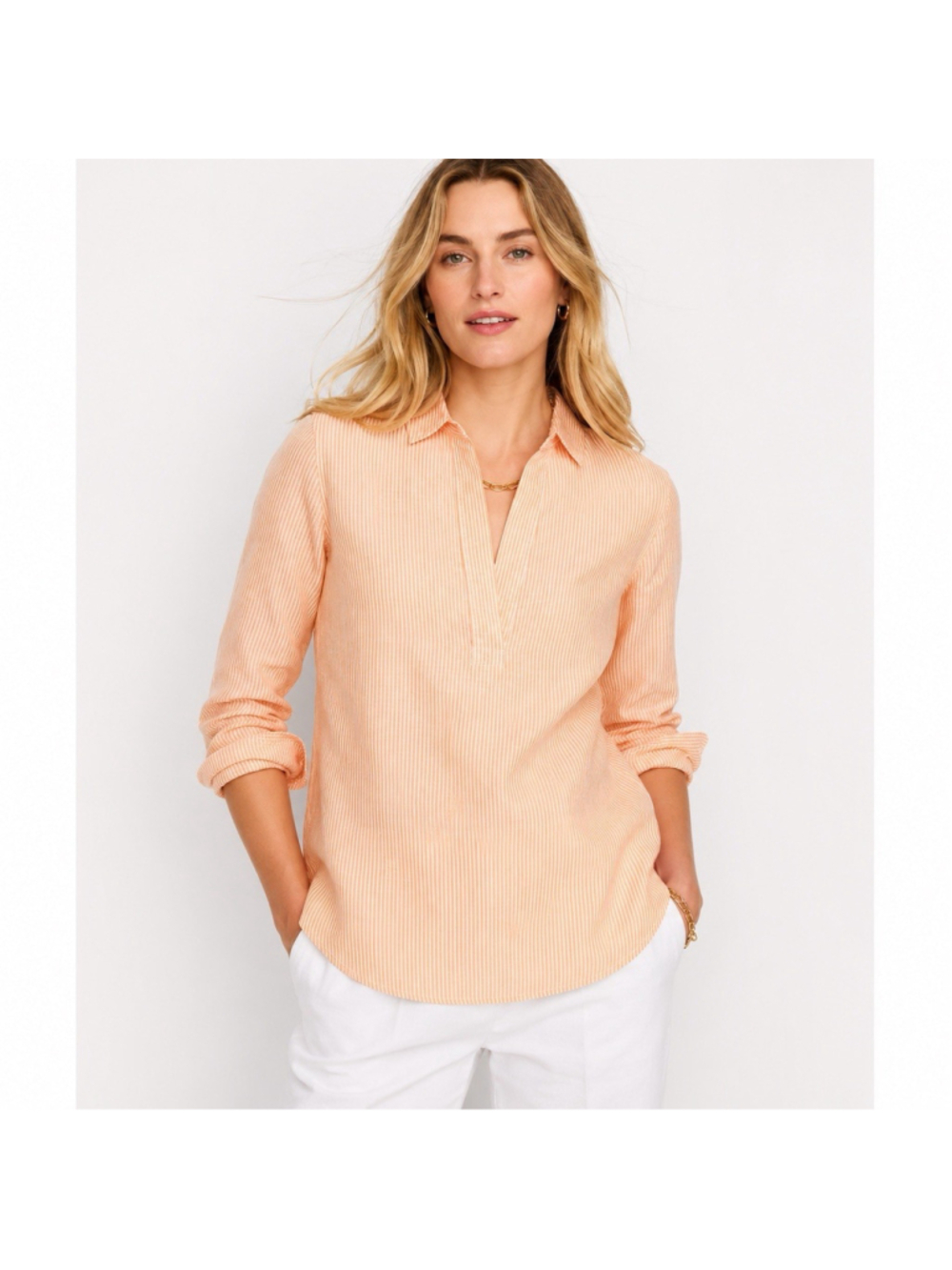 J Crew Linen Cotten Blend Orange Striped Nautical Coastal Popover Tunic Top S